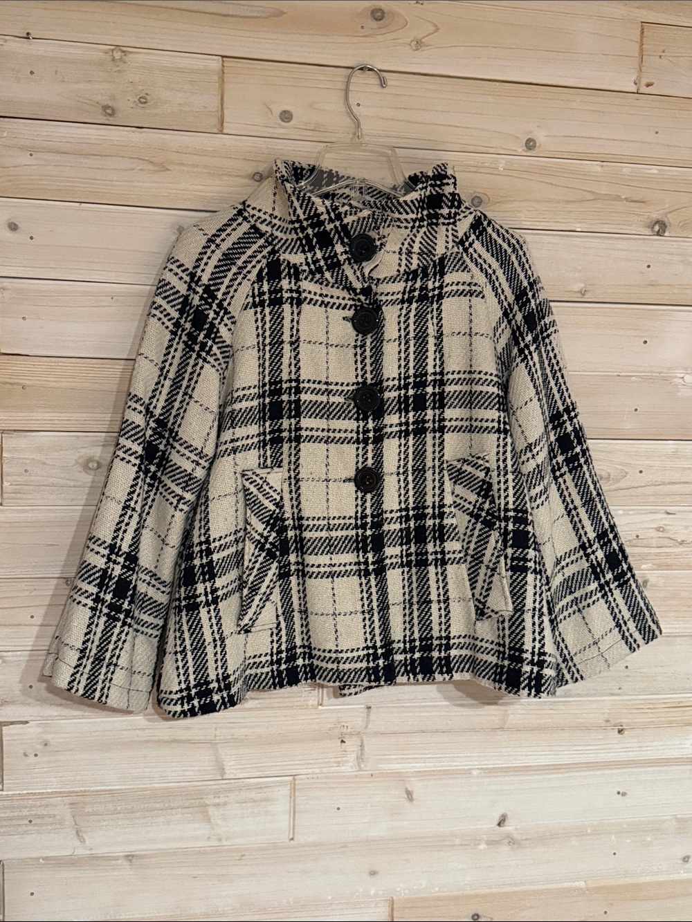 Womens Black & Cream Plaid Button Front Coat